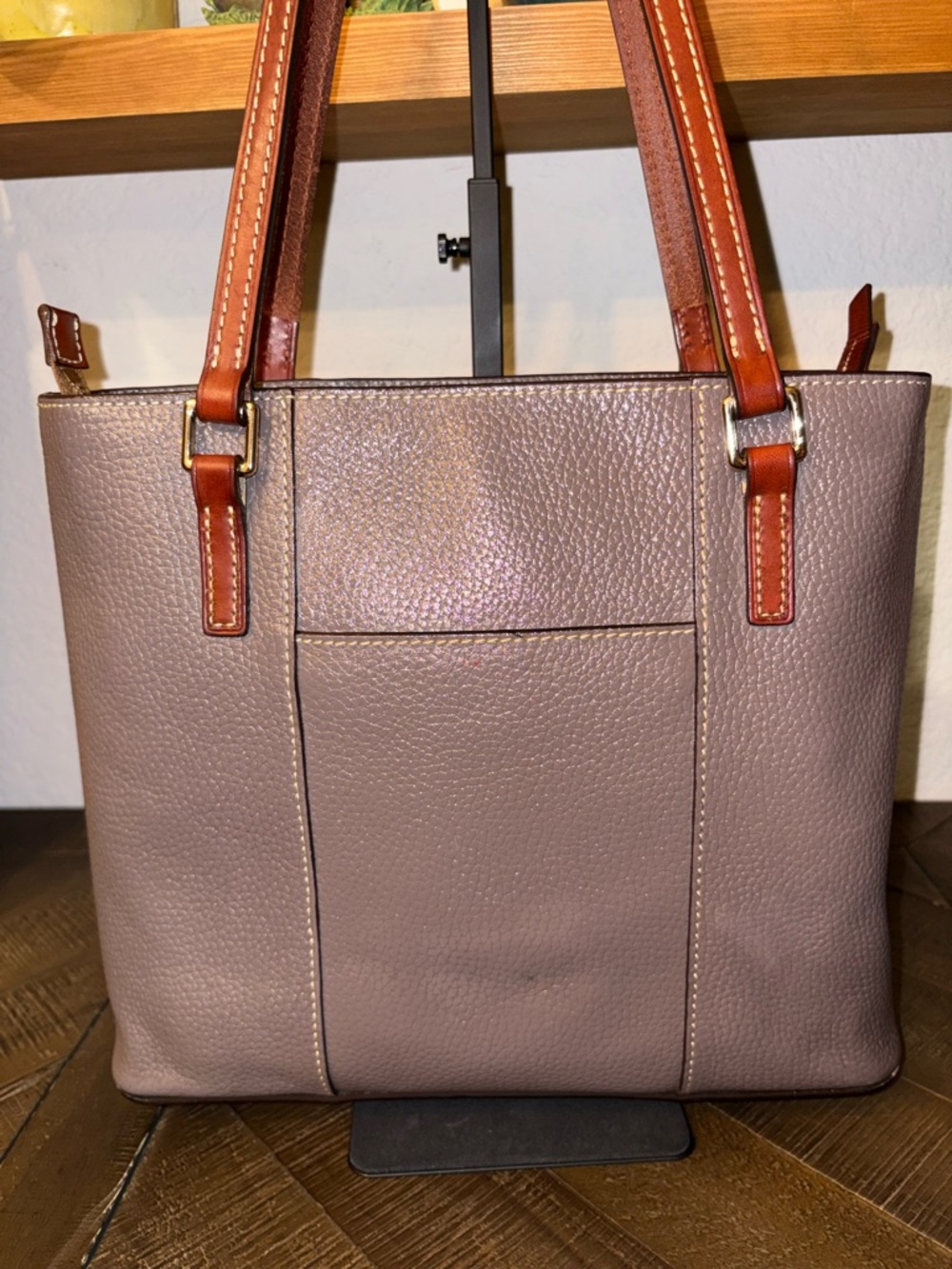 Dooney & Bourke Pebble Leather Tote Taupe Gray British Tan Trim Shoulder Bag - Picture 9 of 13